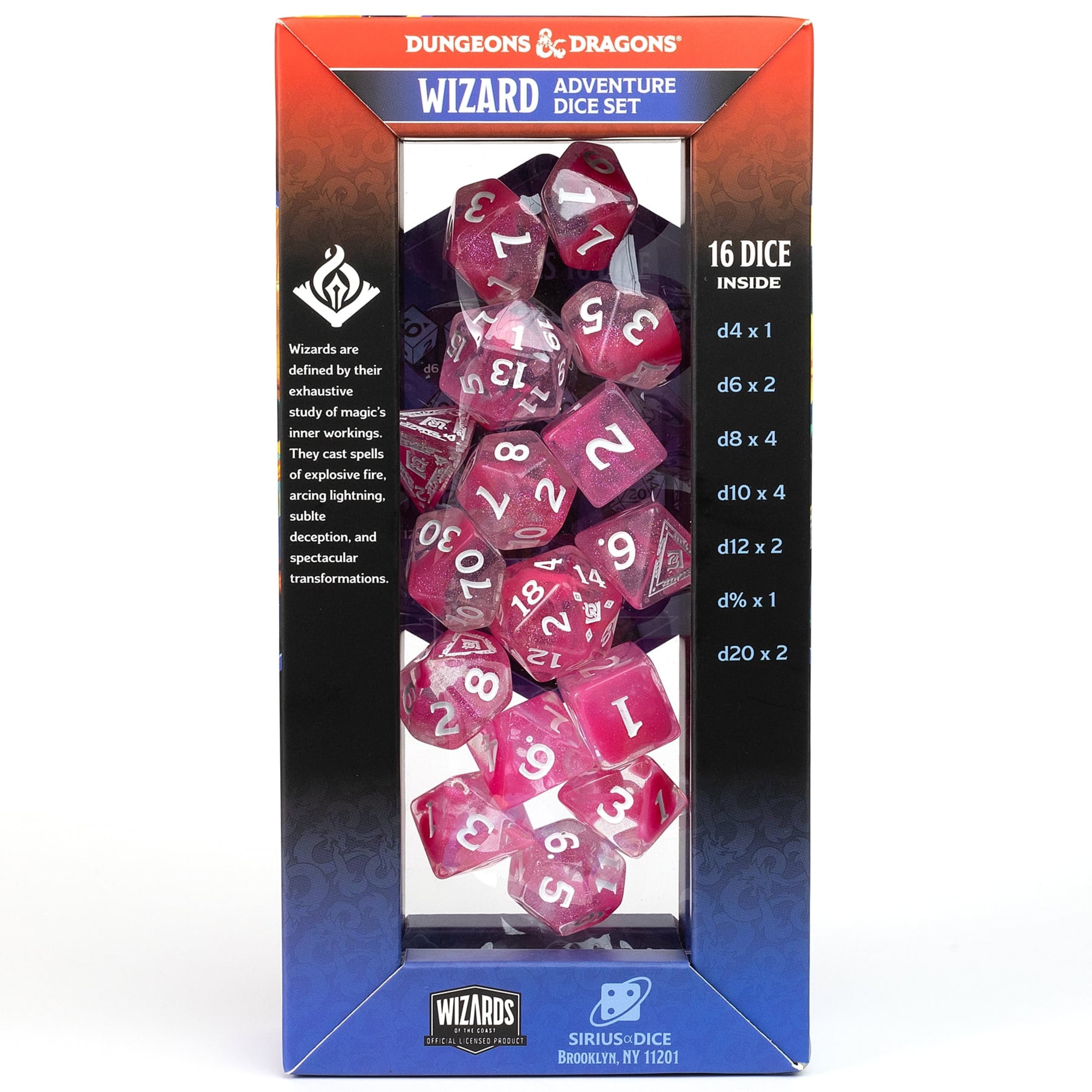 Dungeons & Dragons: D&D Adventure Dice: Wizard - Fuchsia - 16pc RPG Set, Class Symbols, Roleplaying Game Accessory, Sirius Dice, Officially Licensed
