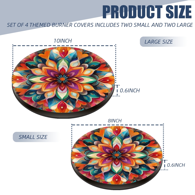 Round Stove Burner Covers for Electric Stove, Multicolored Boho Mandala Flower Easy to Clean Gas Stove Burner Covers Set of 4 for Kitchen Cooktop Decor, 8 Inches and 10 Inches