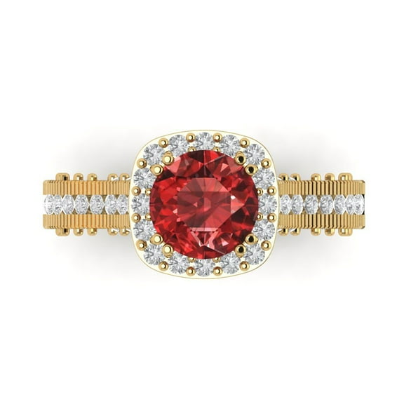 2.7ct Round Cut Red Natural Garnet 14k Yellow Gold Engraving Statement Bridal Wedding Halo Designer Ring Size 7.5