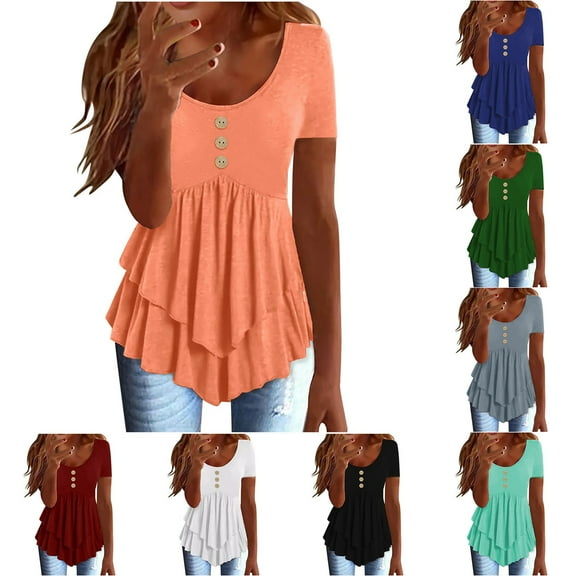 Olyvenn Fashion Women's Sumemr Fashion T-Shirts Cute Multi-Layer Ruffle Hem Crewneck Short Sleeve Tops Trendy Clothes Green L