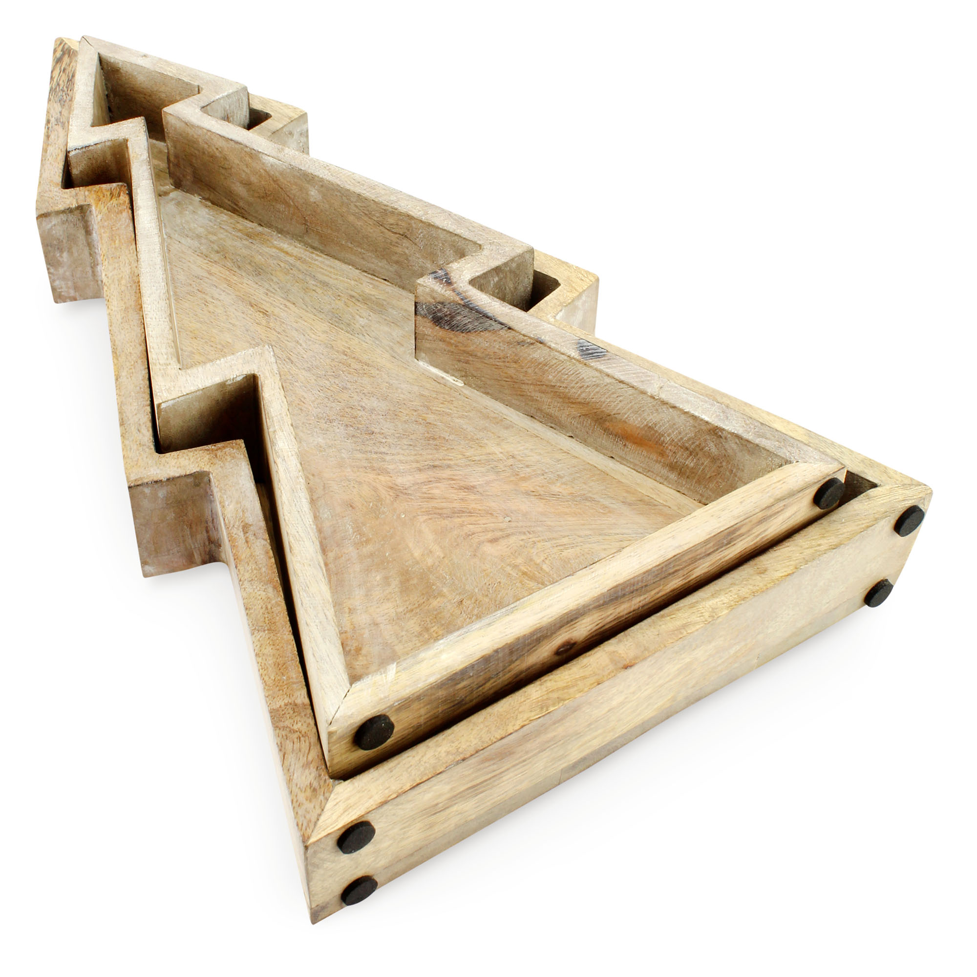 AuldHome Design Wooden Christmas Tree Trays (Nested Set of 2, Natural), Distressed Rustic Farmhouse Style Holiday Christmas Serving Decorative Platters