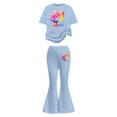 thumbnail image 1 of Rhuody Ensembles pour Filles Rentrée des Classes Imprimés de Dessins Animés Manches Courtes Survêtement Col Rond Hauts Pantalons Évasés Tenue d'Été Confortable Bleu Pâle 7-8 Ans, 1 of 5