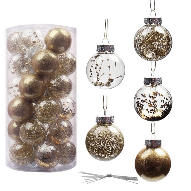 30Pcs Shatterproof Clear Plastic Christmas Ball Ornaments Decorative Xmas Balls Baubles Set with Stuffed Delicate Decorations 2.4"