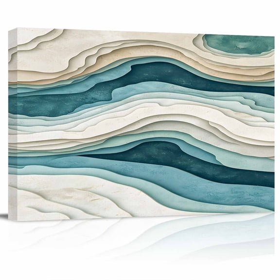 Teal Green Canvas Print Wall Art Beige Gradient Wave Lines Abstract Ombre Art Pictures Painting Morden Artwork for Living Room Bedroom, Ready to Hang - 12"x16"