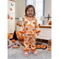 thumbnail image 4 of RUINIXCW Kids Toddler Baby Girl Halloween Silk Stain Pajamas Set Girls Fall Sleepwear Pumpkin Bread Print Lapel V Neck Furry Long Sleeve Button Down Shirt and Pants Set Loungewear Homewear 1-7 Years, 4 of 9