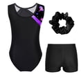 thumbnail image 2 of YONGHS Kids Girls Gymnastics Leotards Sleeveless Dance Unitards and Active Shorts Hair Band Set Purple&Black 4, 2 of 5
