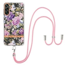 Compatible with Galaxy A14 5G Clear TPU Flower Pattern Case, A14 5G Case with Strap Crossbody Adjustable Neck Lanyard Case Phone Cover Designed for Samsung A14 5G 6.6 inch,Purple Peony