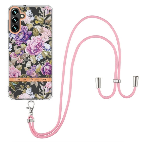 Compatible with Galaxy A14 5G Clear TPU Flower Pattern Case, A14 5G Case with Strap Crossbody Adjustable Neck Lanyard Case Phone Cover Designed for Samsung A14 5G 6.6 inch,Purple Peony