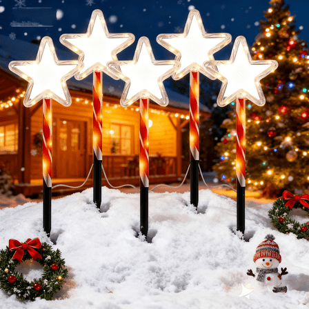 Waterproof Solar Christmas Lights - 5 Pcs Star Christmas Pathway Lights, Warm Glow, Outdoor Decorations for Walkway, Garden, Patio,  Christmas Decor