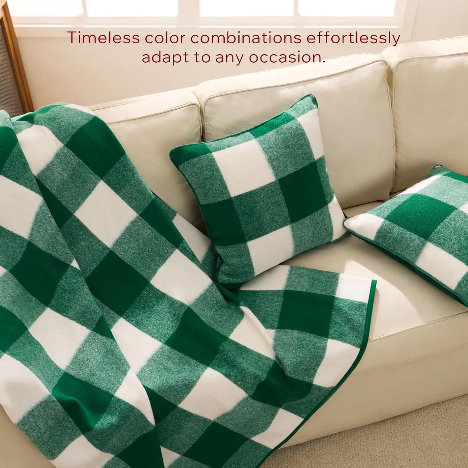 Pack of 2 Christmas Throw Pillow Covers, 18x18 Inch Faux Wool Buffalo Check Plaid with Locking Edge, Green Holiday Decor for Couch