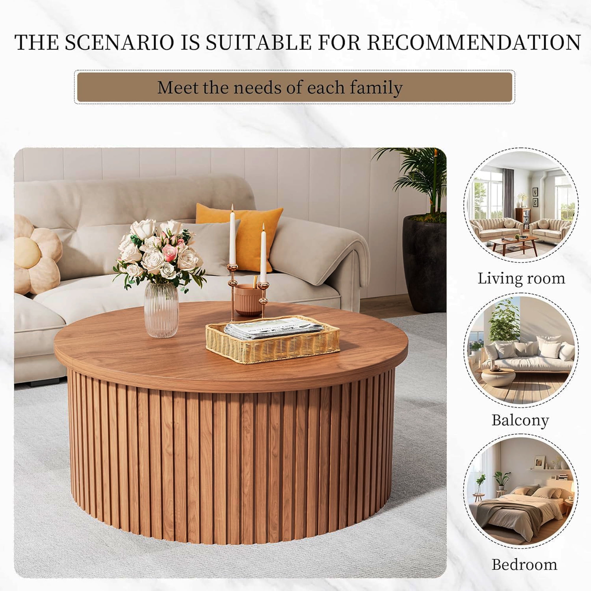 Round Lift Top Coffee Table with Storage Farmhouse Center Table with Hidden Compartment Circle Sofa Table for Living Room Walnut