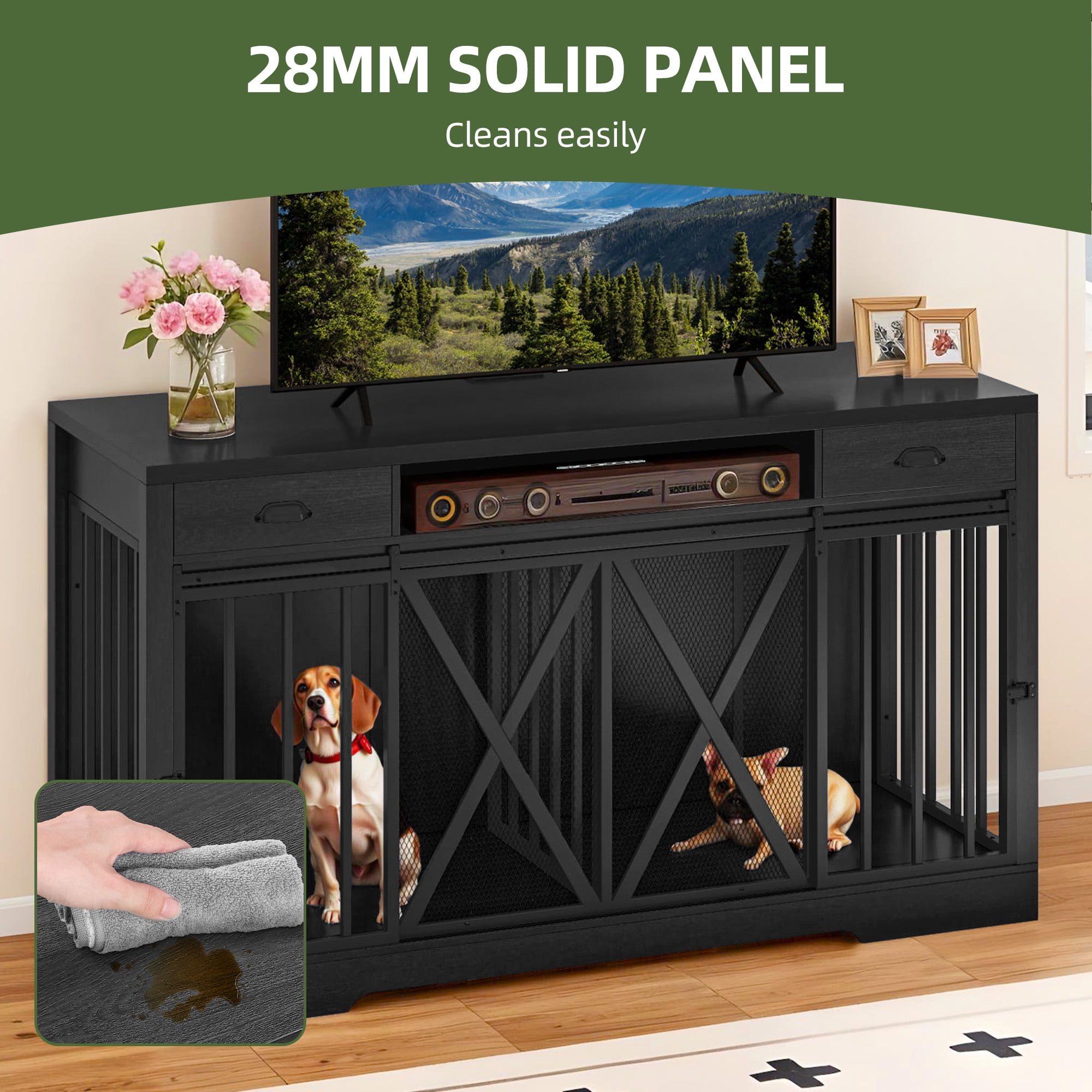 Uforic 63" Dog Crate Furniture with 2 Drawers,TV Stand with Charging Station 63" Large Wooden Indoor Dog Kennel - Gray