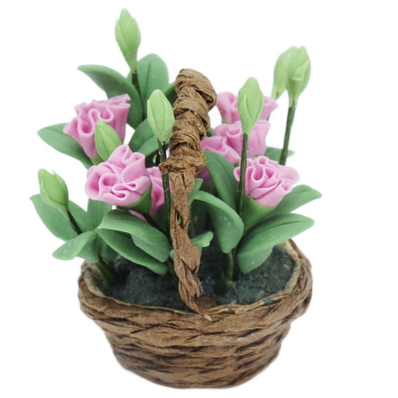 QIILU 1:12 Dollhouse Miniature Basket With Flowers Decor Dollhouse Garden Accessories