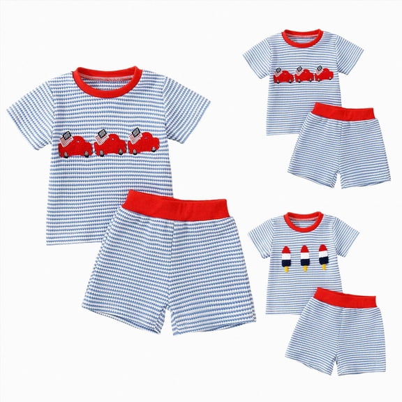 WUANDIXFA Baby Boys' Clothing Sets for 6 12 18 24 Months 2T 3T Cute 2 Piece Set Waffle Embroidery Breathable Summer Short Sleeve Top Shorts Baby Boy Summer Outfits Light Blue,18-24 Months