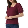 thumbnail image 4 of INSPIRE CHIC Women's Asymmetrical V Neck Loose Fit Casual Puff Short Sleeve Blouse L Burgundy, 4 of 6
