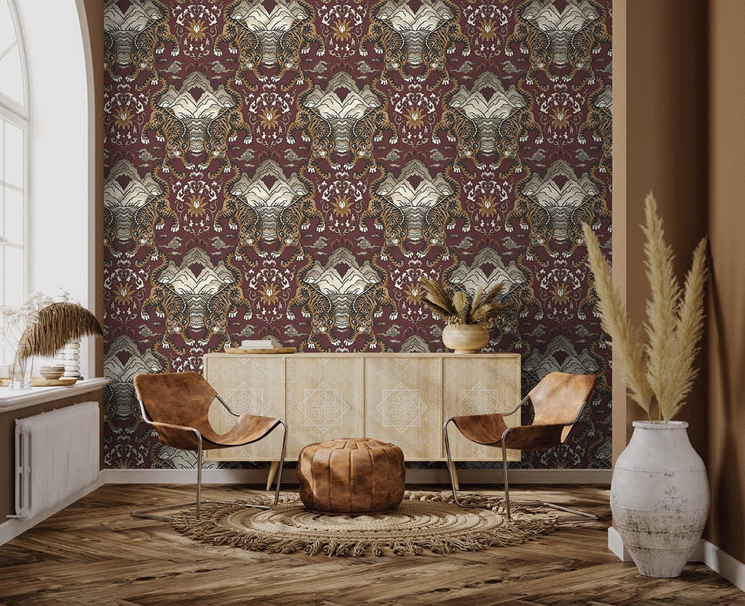 Maroon Tiger Chinese Inspired Textured Wallpaper R8414
