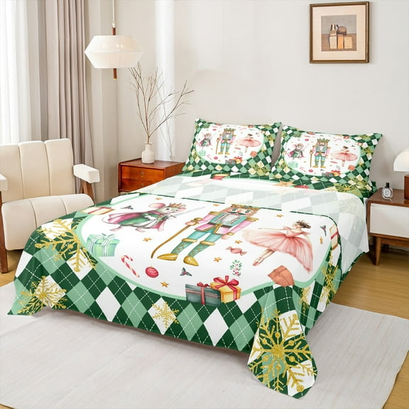 Feelyou Green Christmas Nutcracker Twin Sheet Sets, Ballet Princess Twin Fitted Sheet, Western Festival Flat Sheet, Luxury Bedroom Decor,3-Piece