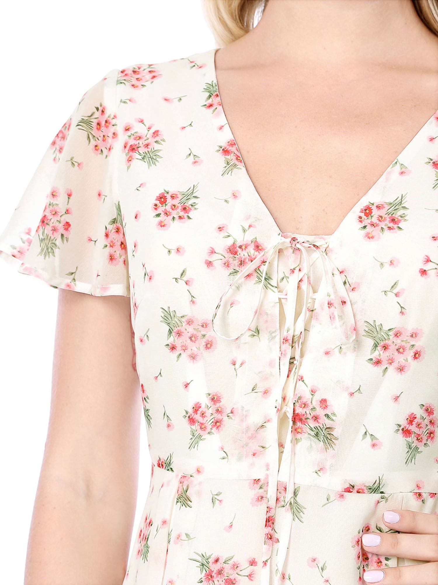 DARING DIVA Floral Flouncing Sleeve V Neck A-Line Chiffon Dress  S White