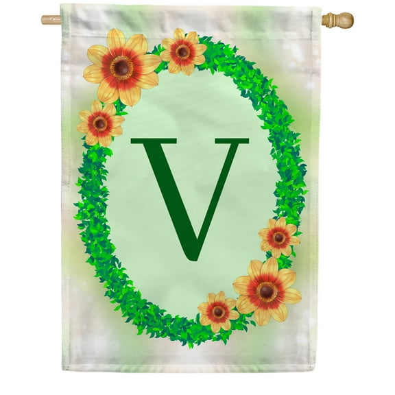 America Forever Summer Sunflower Wreath Monogram House Flag Letter E 28 x 40 inches Green Ivy Wreath Summertime Double Sided Vertical Outdoor Yard Lawn Decorative Seasonal Yellow Floral House Flag