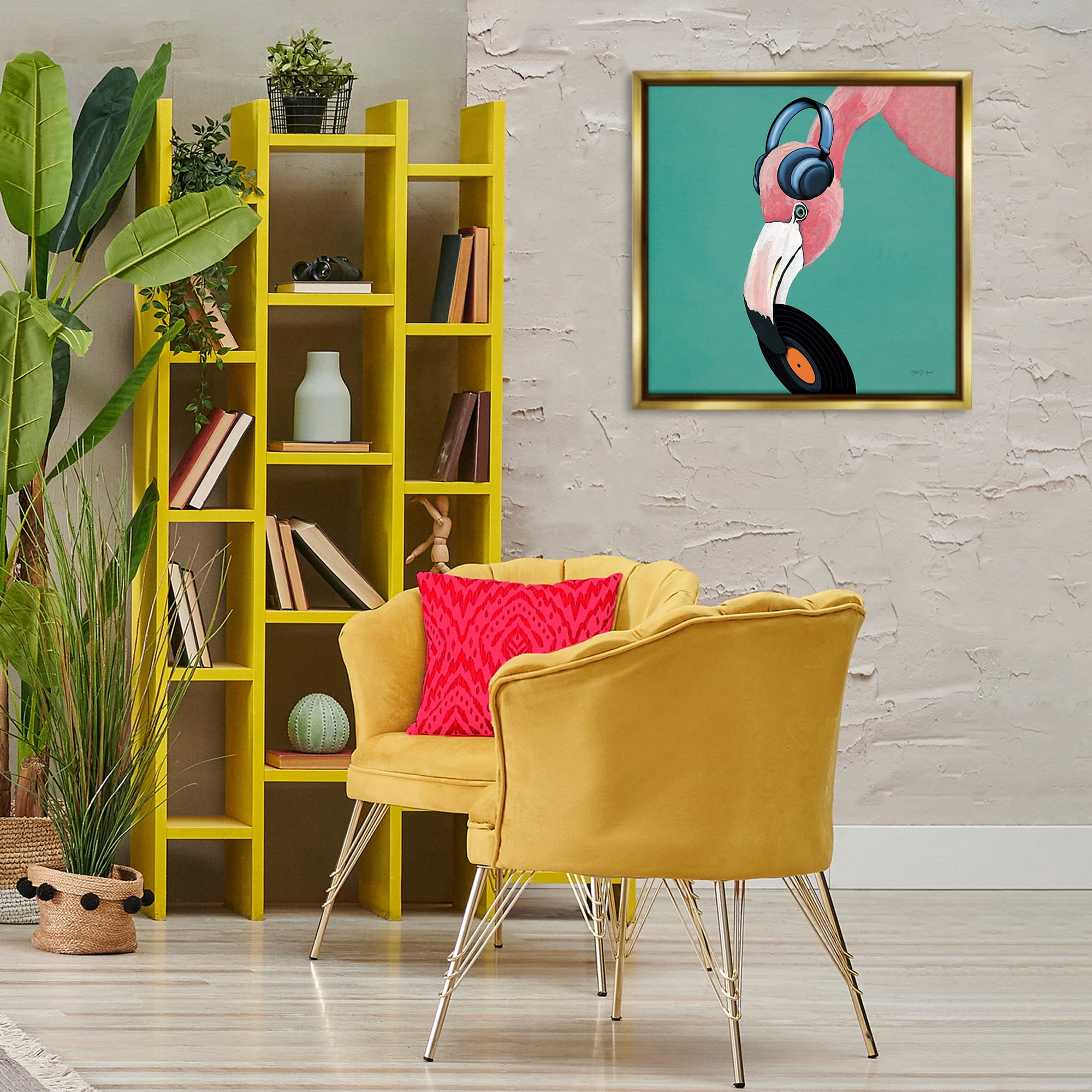 Stupell Industries Flamingo with Music Record Entertainment Painting Gold Floater Framed Canvas Art Print Wall Art, 25 x 25