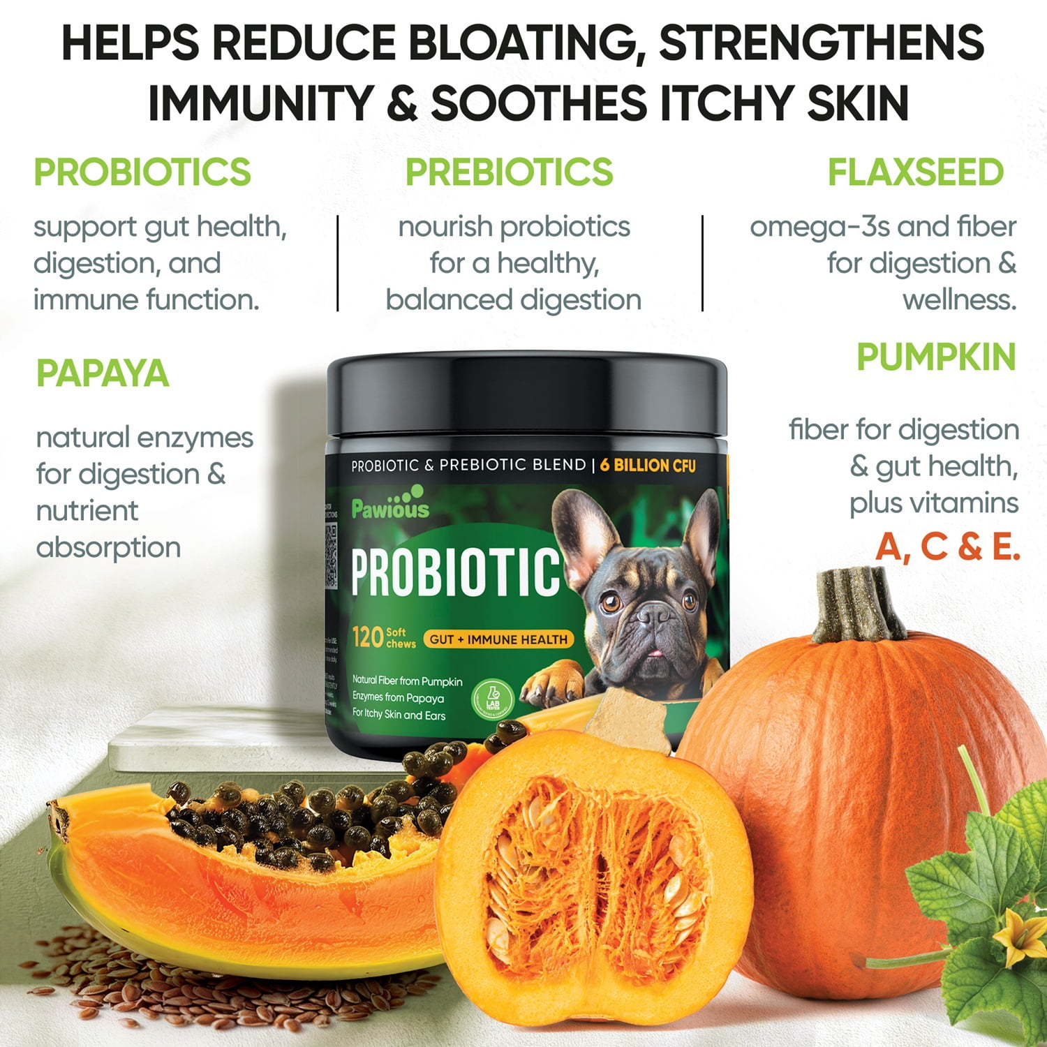 Pawious Probiotics for Dogs - 120 ct. - Diarrhea, Itchy Skin and Allergies Support - Delicious Probiotic Chews for Dogs