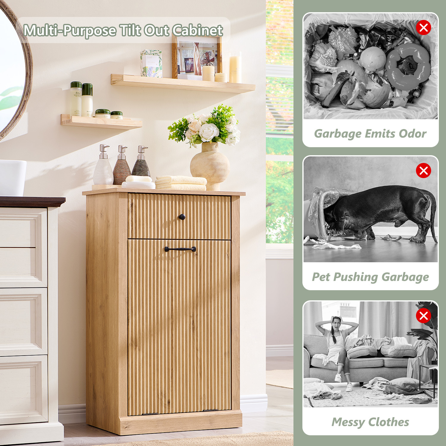 IFGET Fluted Tilt-Out Trash Can Cabinet, 10 Gallon Wood Hidden Garbage Can Cabinets with Storage Drawers, Laundry Hamper Cabinet for Bathroom, Kitchen