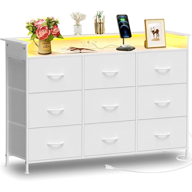 FURRIFIC Comoda Cajonera para Recamara, Comodas y Cajoneras con 2 Salidas y 2 USB Luces Led, Mueble Organizador Cajoneras de Estructura Metal con 9 Cajones, Almacenamiento de Casa y Oficina (Blanco)