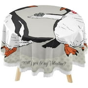 SKYSONIC Sweet Penguin Couple Round Tablecloth 60inch Indoor Wrinkle Free, Happy Valentines Day Circular Lace Table Cover Washable for Kitchen Dining Decor