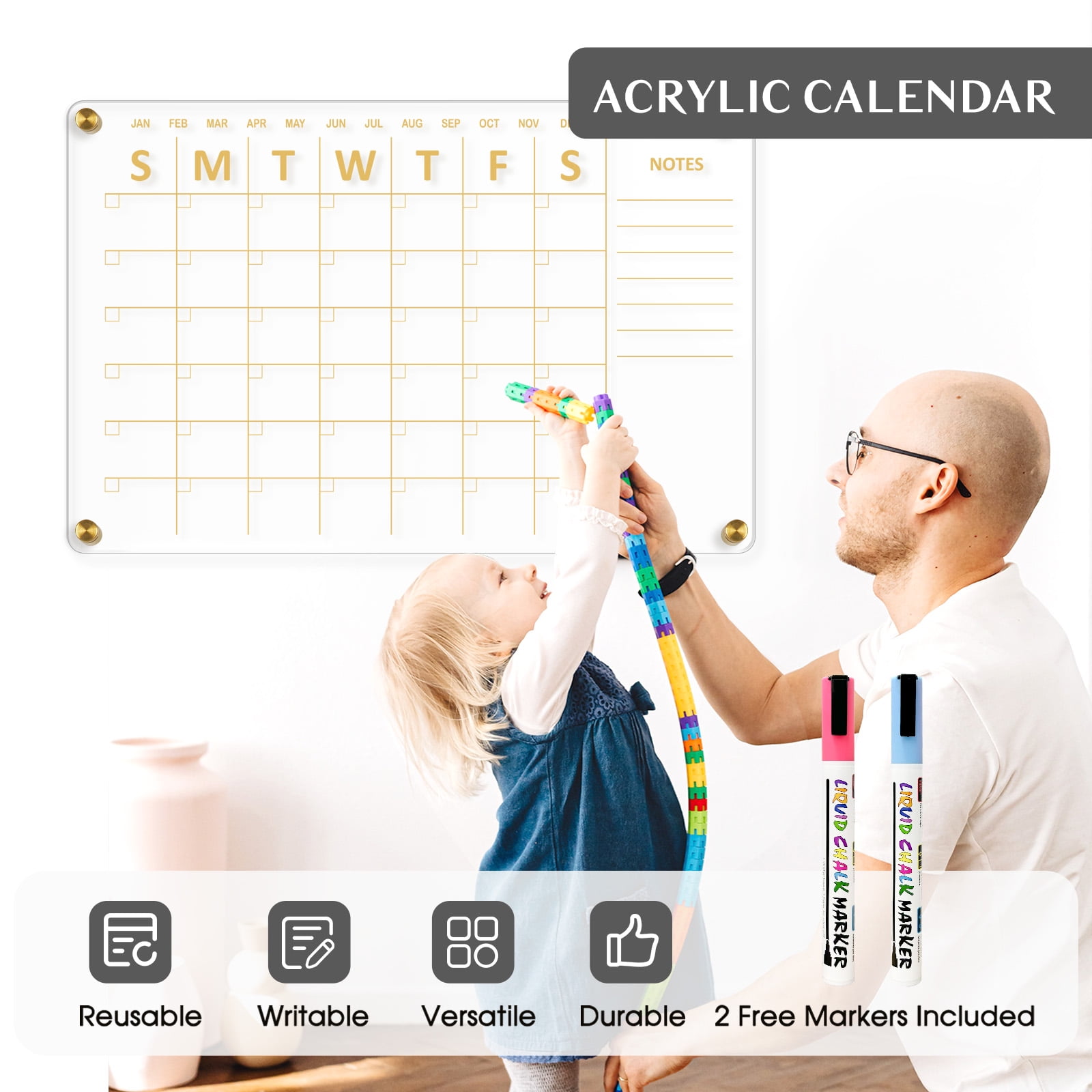 DOLLAR BOSS Acrylic Calendar for Wall Whiteboard, 24''x16'' Weekly Clear Dry Erase Board, Wall Hanging Non-Magnetic Floating Frameless Gold Print Whiteboard with Markers, for Home, Office. Wall Decor