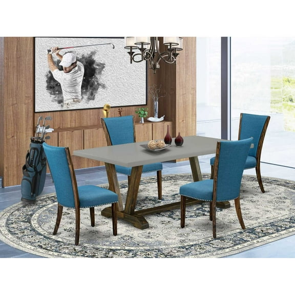 East West Furniture V797VE721-5 5Pc Kitchen Table Set Includes a Rectangular Table and 4 Parson Chairs with Blue Color Linen Fabric, Distressed Jacobean and Cement Finish