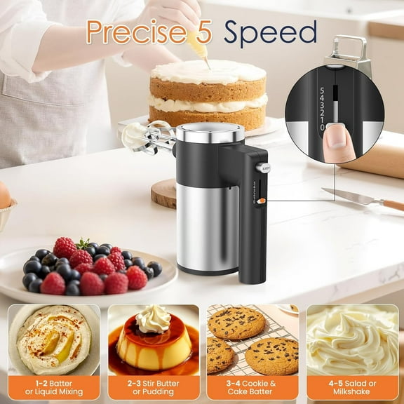 600W Powerful Hand Mixer, 5-Speed Electric Handheld Mixer with Stainless Steel Beaters & Dough Hooks, Eject Button, Lightweight Kitchen Mixer for Baking, Cream & Dough, Black