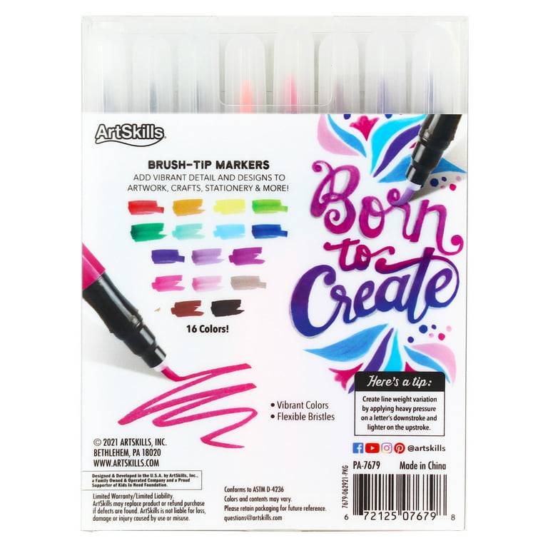 Artskills Artist Brush Tip Markers for Art, Drawing and Lettering, 16 Assorted Colors