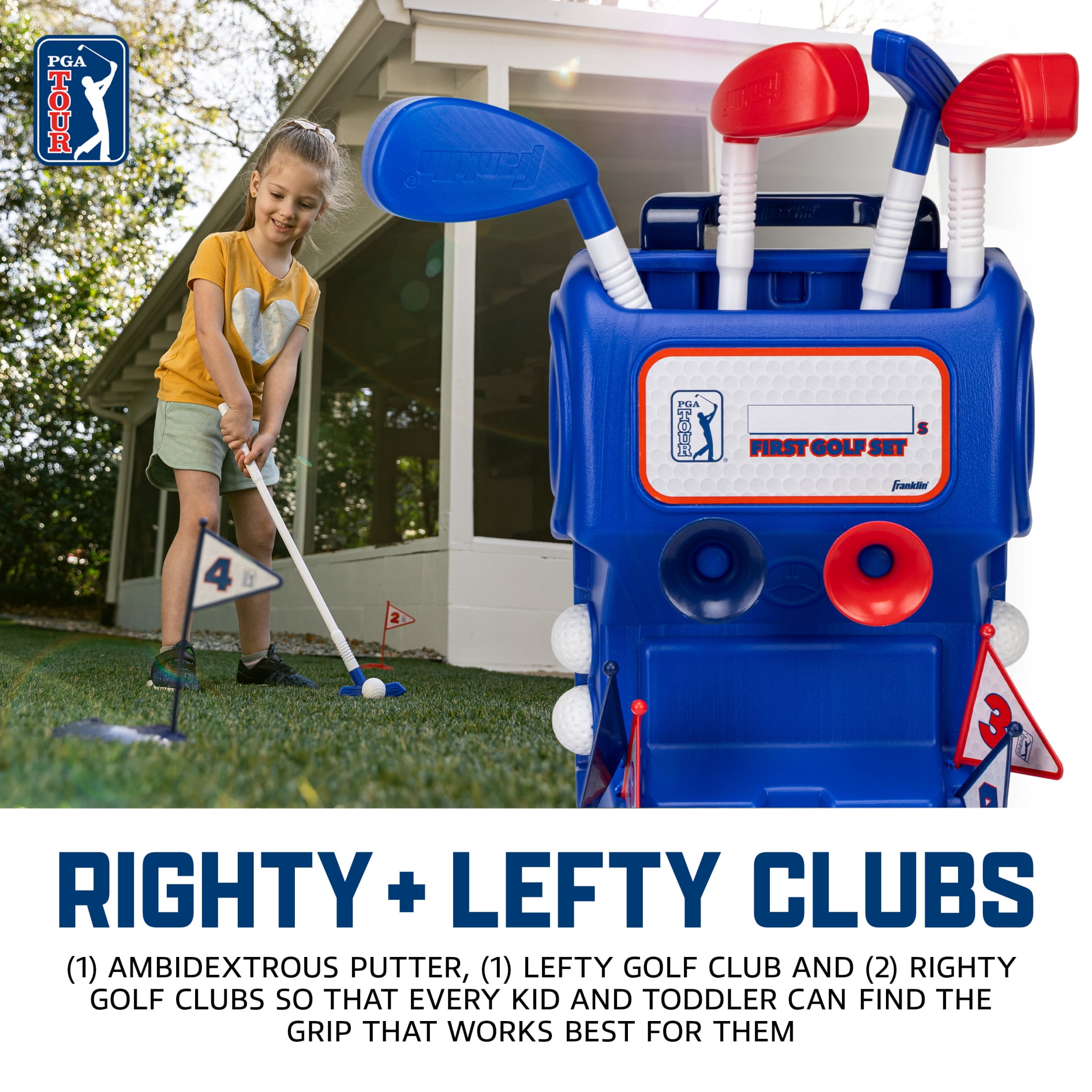 Franklin Sports Kids Toy Golf Set - PGA Tour MyFirst Plastic Golf Clubs + Balls Set for Kids + Toddlers - Righty + Lefty - Includes Carry Case, (2) Tees, (4) Balls, (4) Holes with Flags