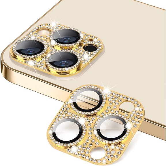 for iPhone 13 Pro & iPhone 13 Pro Max Camera Lens Protector, Bling Lens Cover 3D Rhinestone Diamond 9H Tempered Glass Camera- Gold