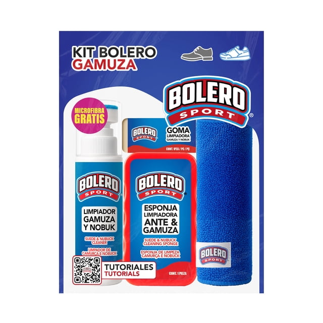 Kit Limpiador de zapatos Bolero Para Gamuza con Limpiador 60ml, Borrador, Esponja y Microfibra