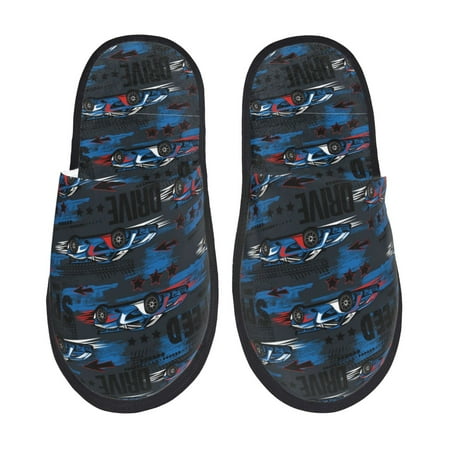 Balery Blue Sports Car Slient Indoor Furry Fleece Comfort House Shoes Soft Non-Slip Home Shoes Cotton slippers House Slippers-- Large