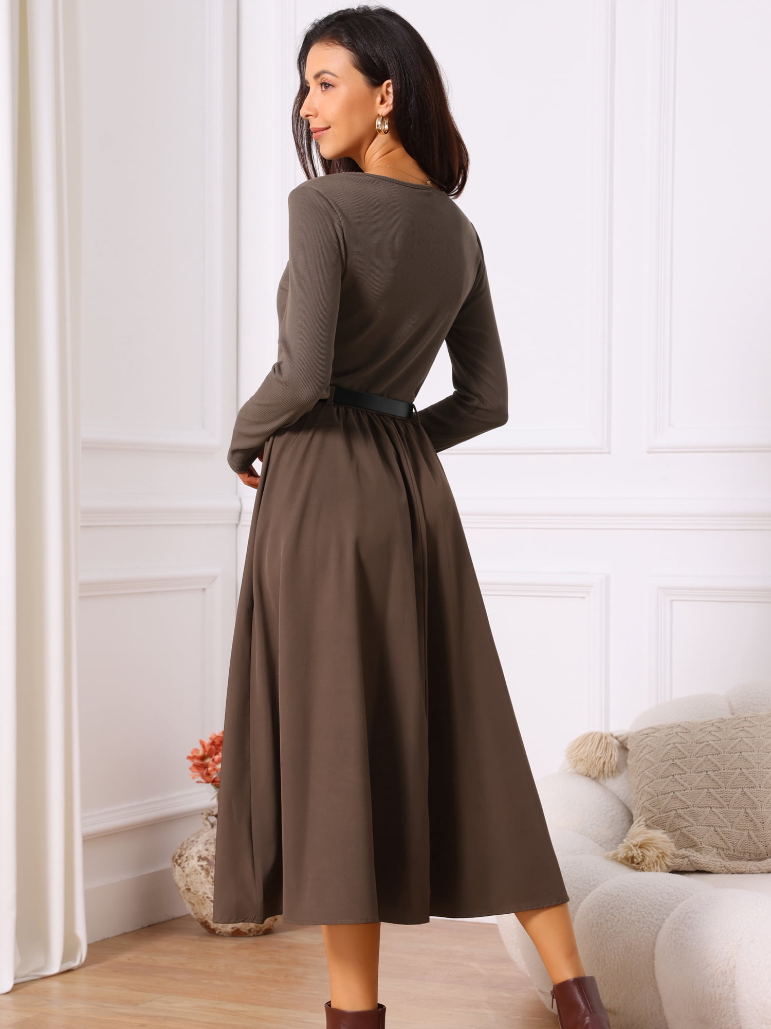 DARING DIVA Midi Dress Crewneck Long Sleeve Flowy Dress S Coffee