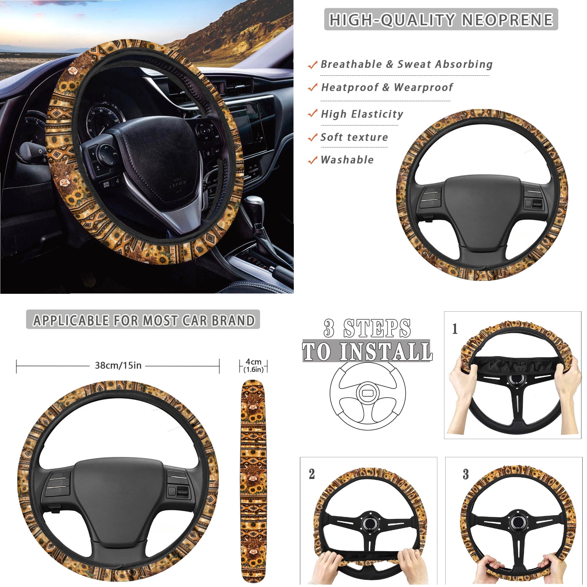 Renewold American Tribal Highland Cow Sunflower 14 PCS Car Seat Cover Full Set with Steering Wheel Seat Belt Strap Pads Cup Coasters Trash Bag Rearview Mirror Armrest Pad Handbrake Cover Set