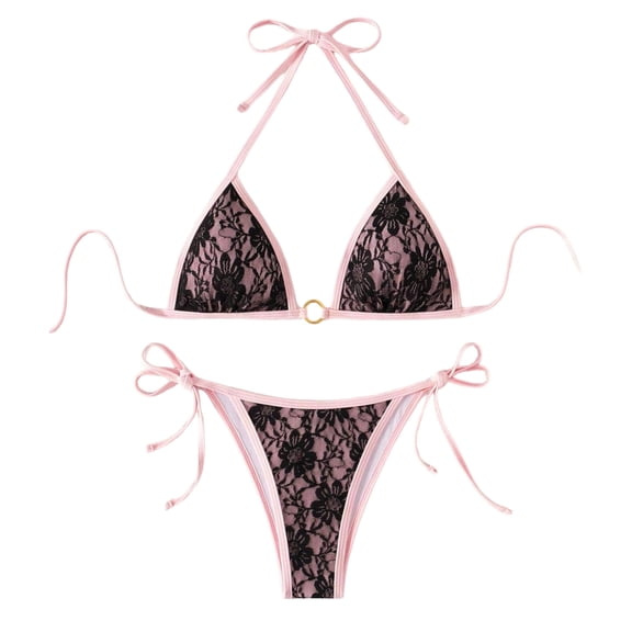 Levmjia Womens Lace Bikini Set Floral Print Lace Up Low Waisted Tummy Control Swimwear Two Piece Bathing Suit For Beach Vacation Party