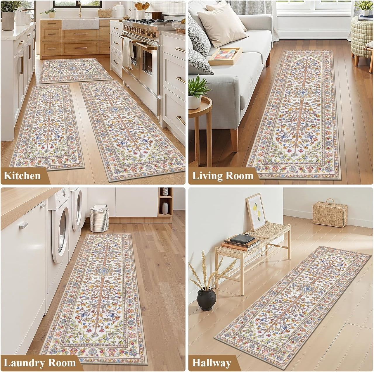 Findosom 3pcs Washable Kitchen Rug Set,Non-Slip Floral Boho Kitchen Mats Kitchen Runner Rug Floor Carpet for Hardwood Floor,Sink,Entryway,Bathroom,Home Decor,20"x32"+20"x48"+20"x59"