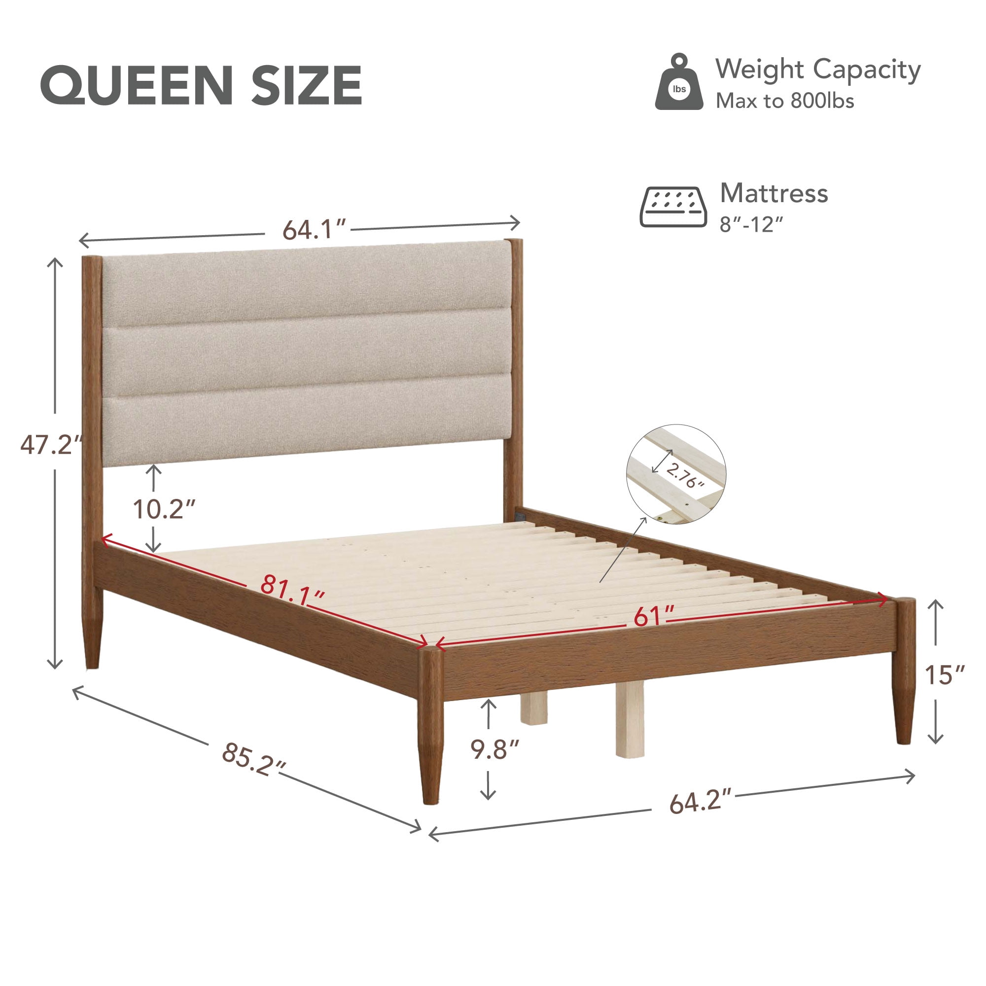 Spruce & Spring Farmhouse Queen Upholstered Bed Frame, Solid Rubberwood Frame, Oatmeal Boucle Headboard, Noise-Free, No Box Spring Required, Walnut & Oat