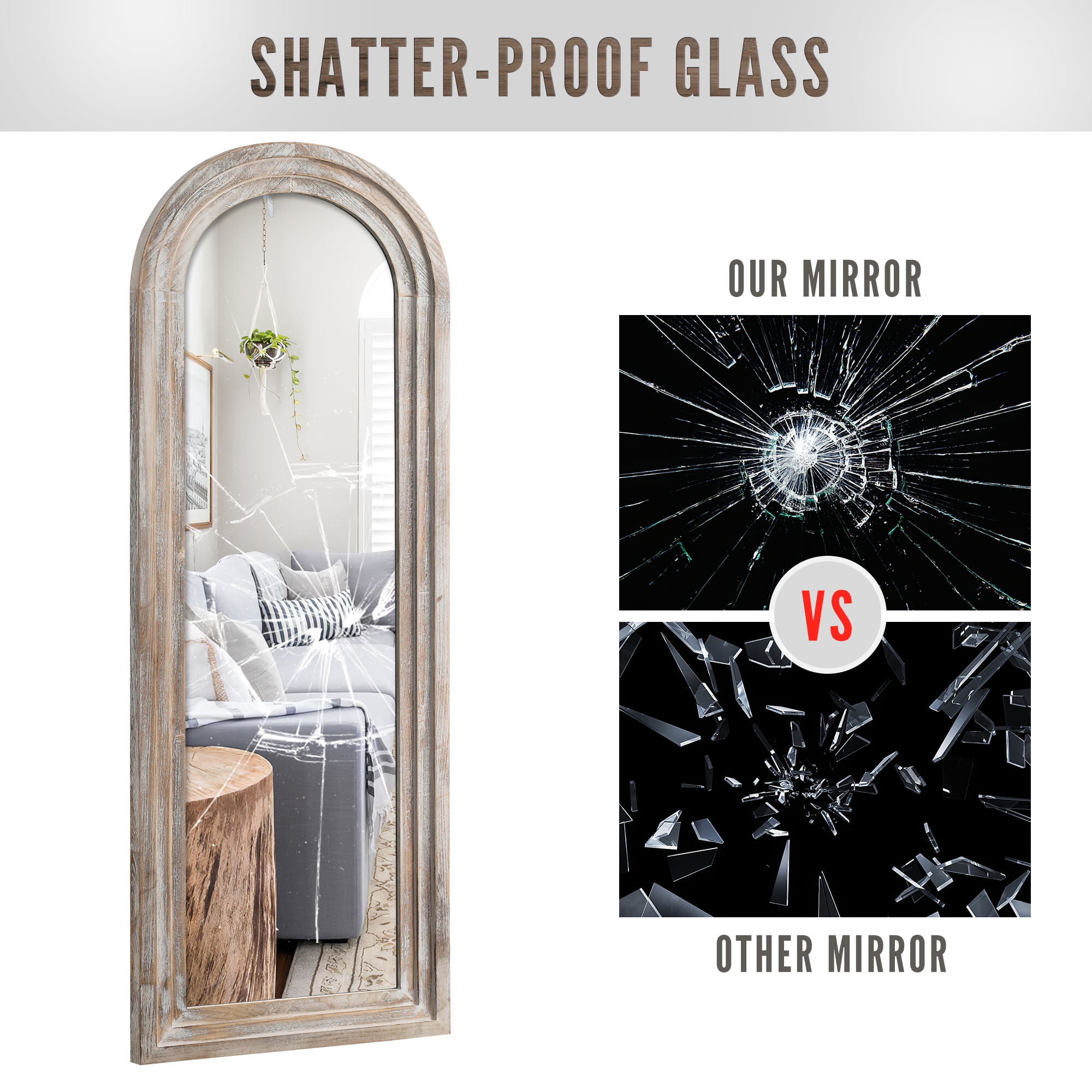 MAYEERTY 64×21in Modern Solid Wood Frame Arched Full Length Mirror with Tempered Glass, Weathered White