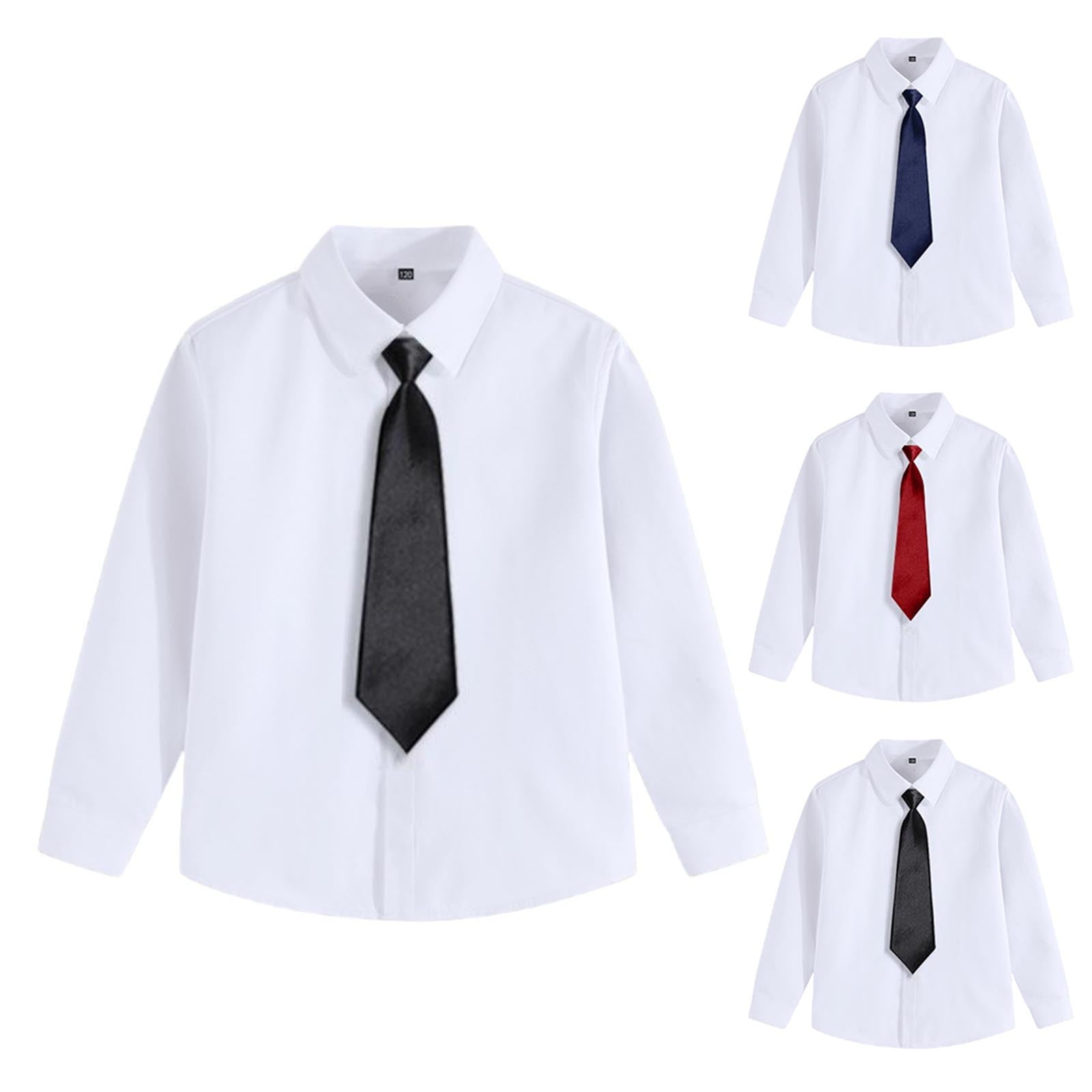 THDHVS Boys White Button Down Shirt Boys Uniform Shirts Boys Solid Color Long Sleeve Shirt with Tie for School Black 10-12 Years