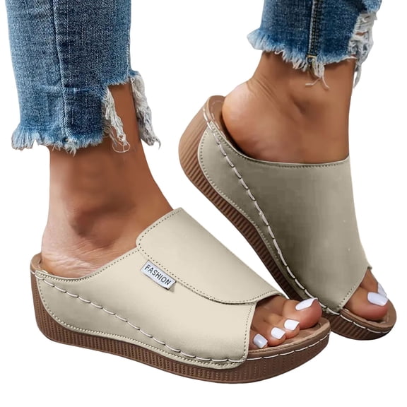 Rokment Womens Orthopedic Gladiator Dressy Slip on Sandals with Arch Support Comfortable Fashion Casual Peep Toe High Heels Walking Slides Summer Shoes Beige Size 6