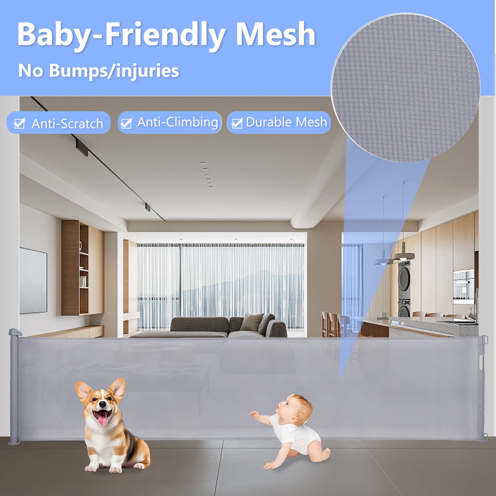 Retractable Baby Gate 35x138" Extra Wide Mesh Dog Gate Child Safety Gate for Doorways, Indoor Outdoor Stairs, Gray