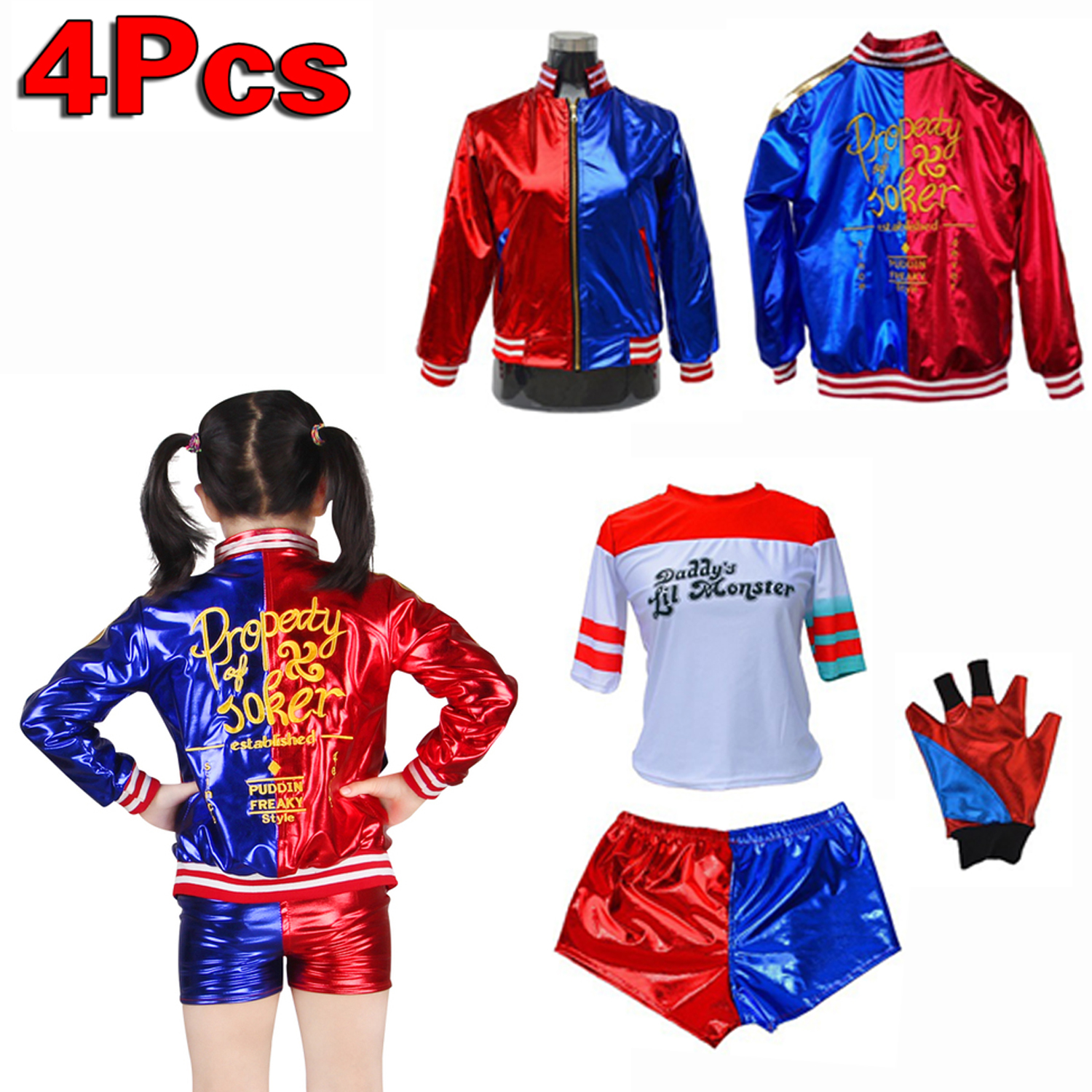 4PCS Adult Kids Suicide Harley Cosplay Costumes Squad Quinn Monster