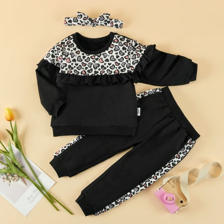 

mijaja Toddler Baby Girl Clothes Crewneck Ruffled Sweatshirt Tops +Long Pants + Hairband Kids Tracksuit Outfit Set Black 18-24 Months