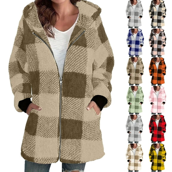 Winter Coats for Women Bmawag Fashion Womens Plaid Warm Faux Coat Jacket Winter Zipper Long Sleeve Outerwear Gifts for Women on Clearance S-2XL