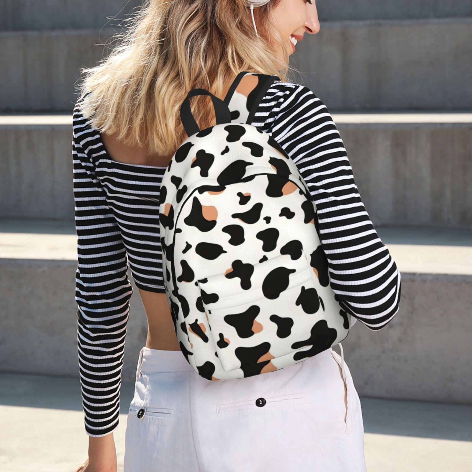 Casual Canvas Backpack Without Interlayer Large Capacity Stick Bag Design For Outdoor Shopping Office Outdoor Sports Simple Cow Print Pattern1_1 Medium