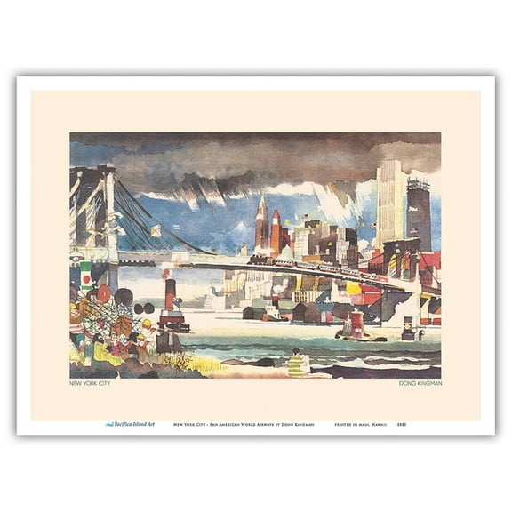 New York City - Brooklyn Bridge - Pan American World Airways - Vintage Airline Travel Poster by Dong Kingman c.1950 - Master Art Print (Unframed) 9in x 12in